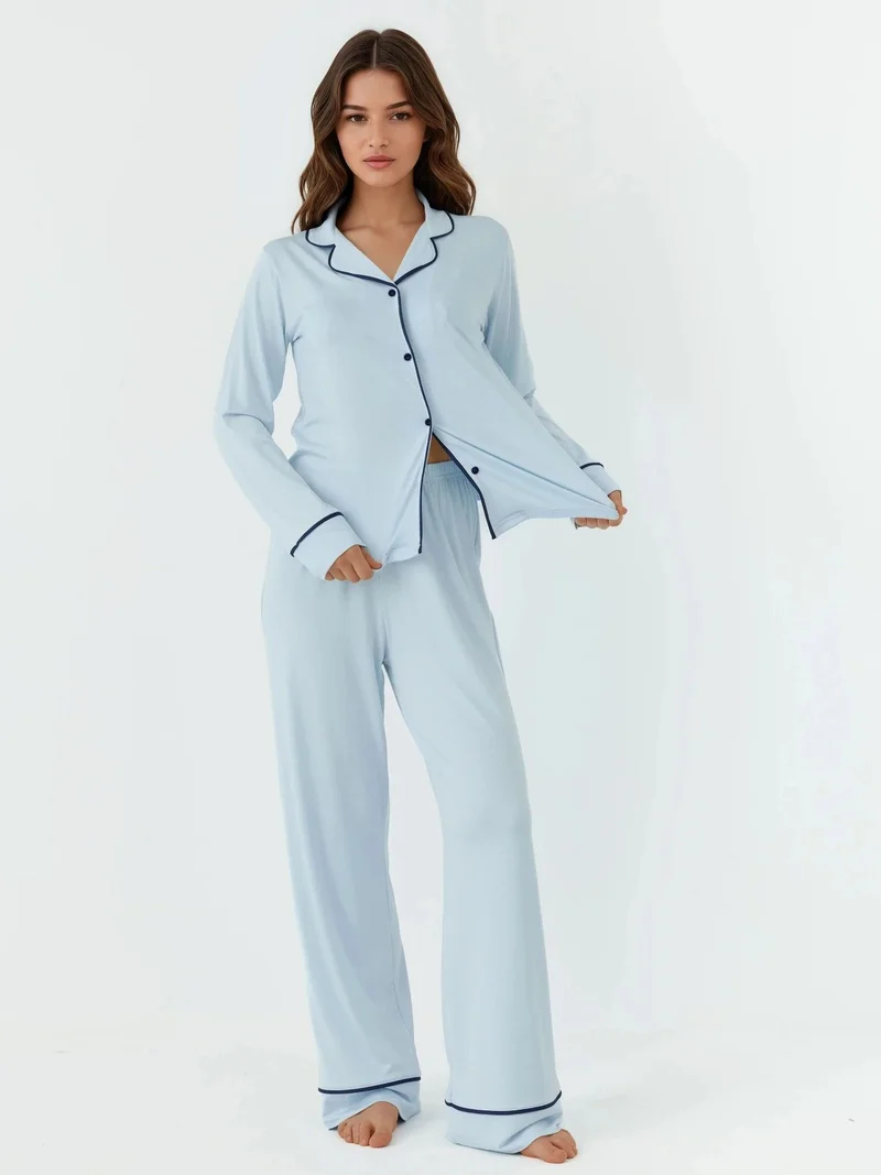 HICCUP Baby Blue Relaxed Fit Long Sleeve Extra Soft Touch Pajama Set with Shirt Collar for Women | Best Price UAE